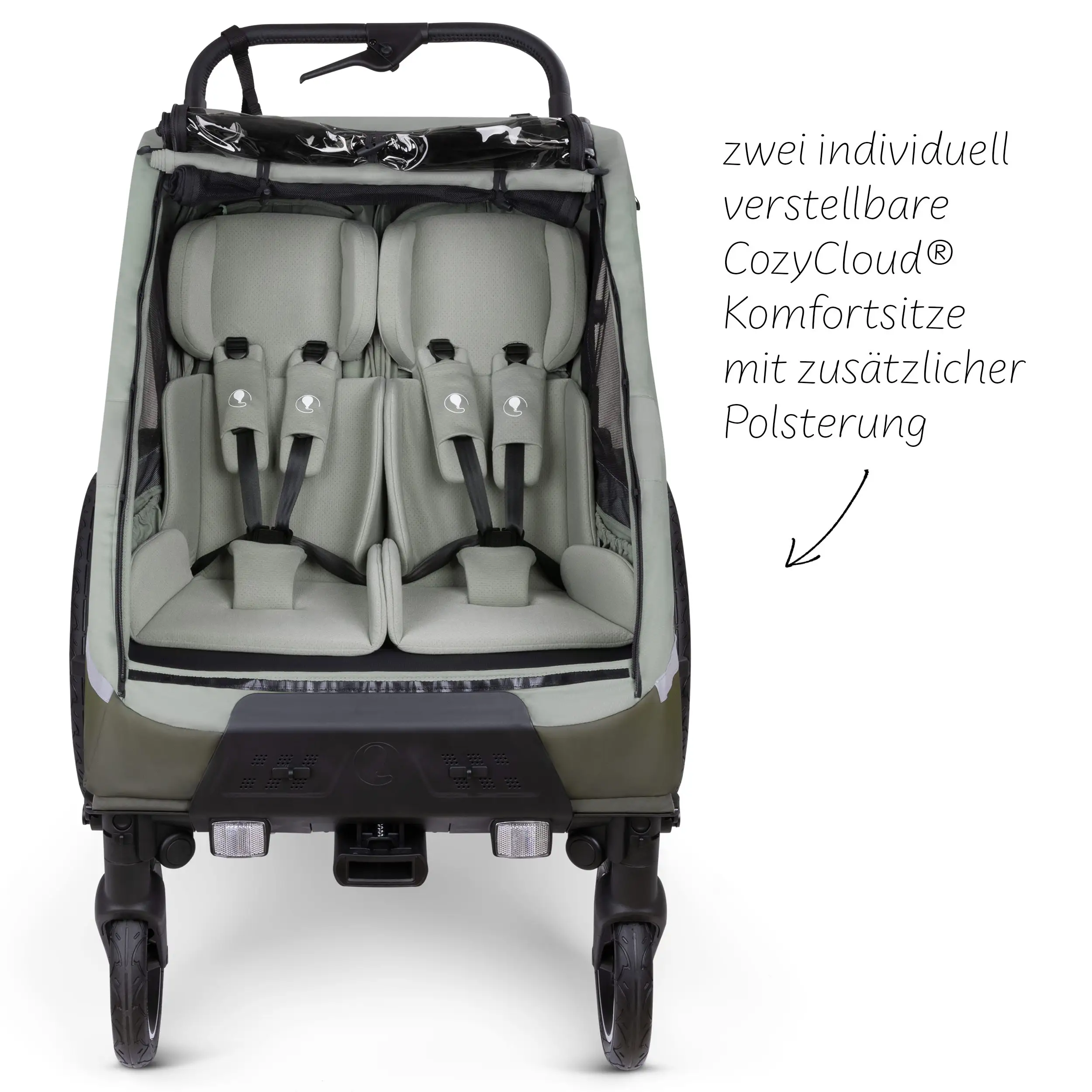 Fahrradanhänger Tour 2 mit 2 Komfortsitzen & Lufträdern - Olive