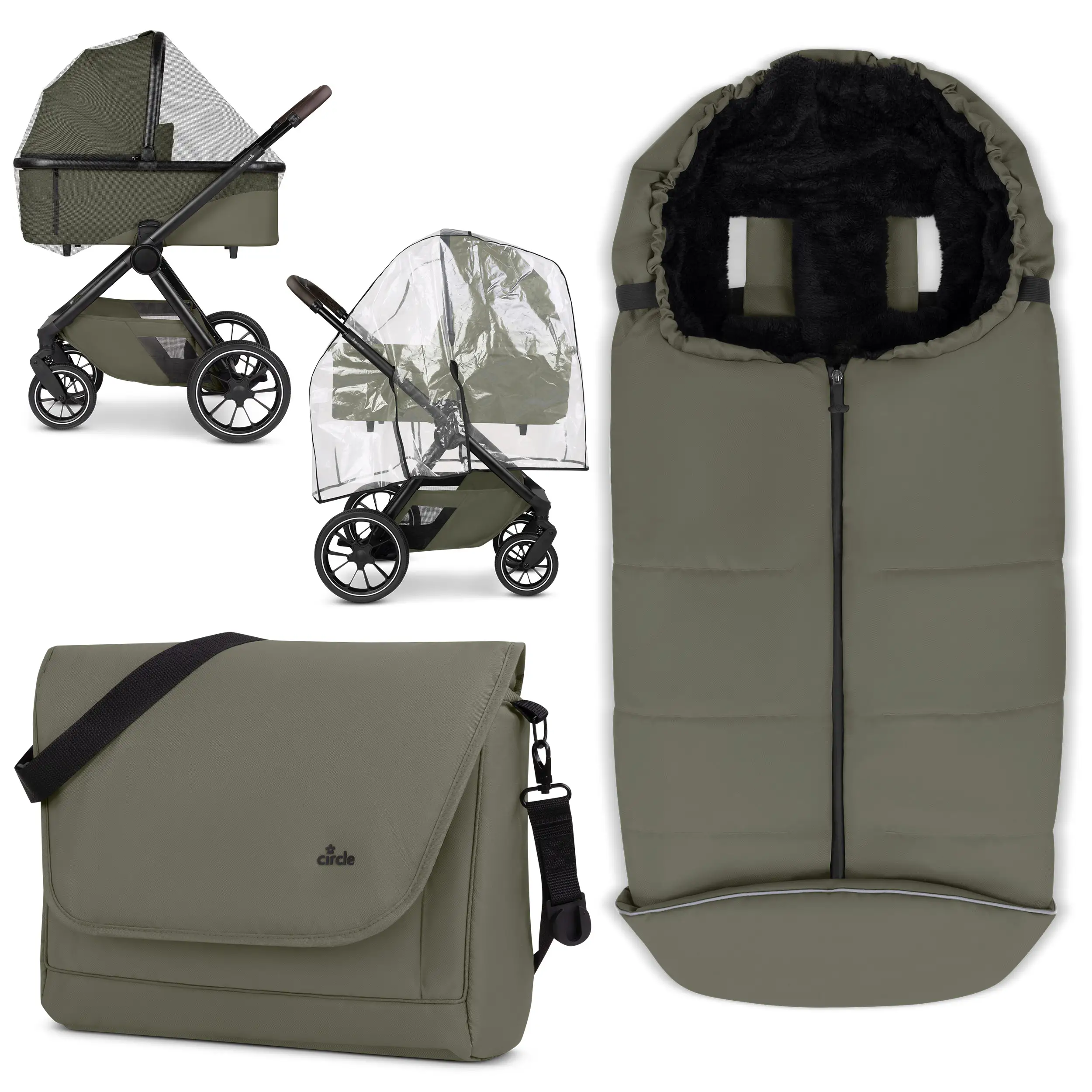 Zubehör Set Kinderwagen - Wickeltasche, Winterfußsack, Regenschutz & Moskitonetz - Wheat
