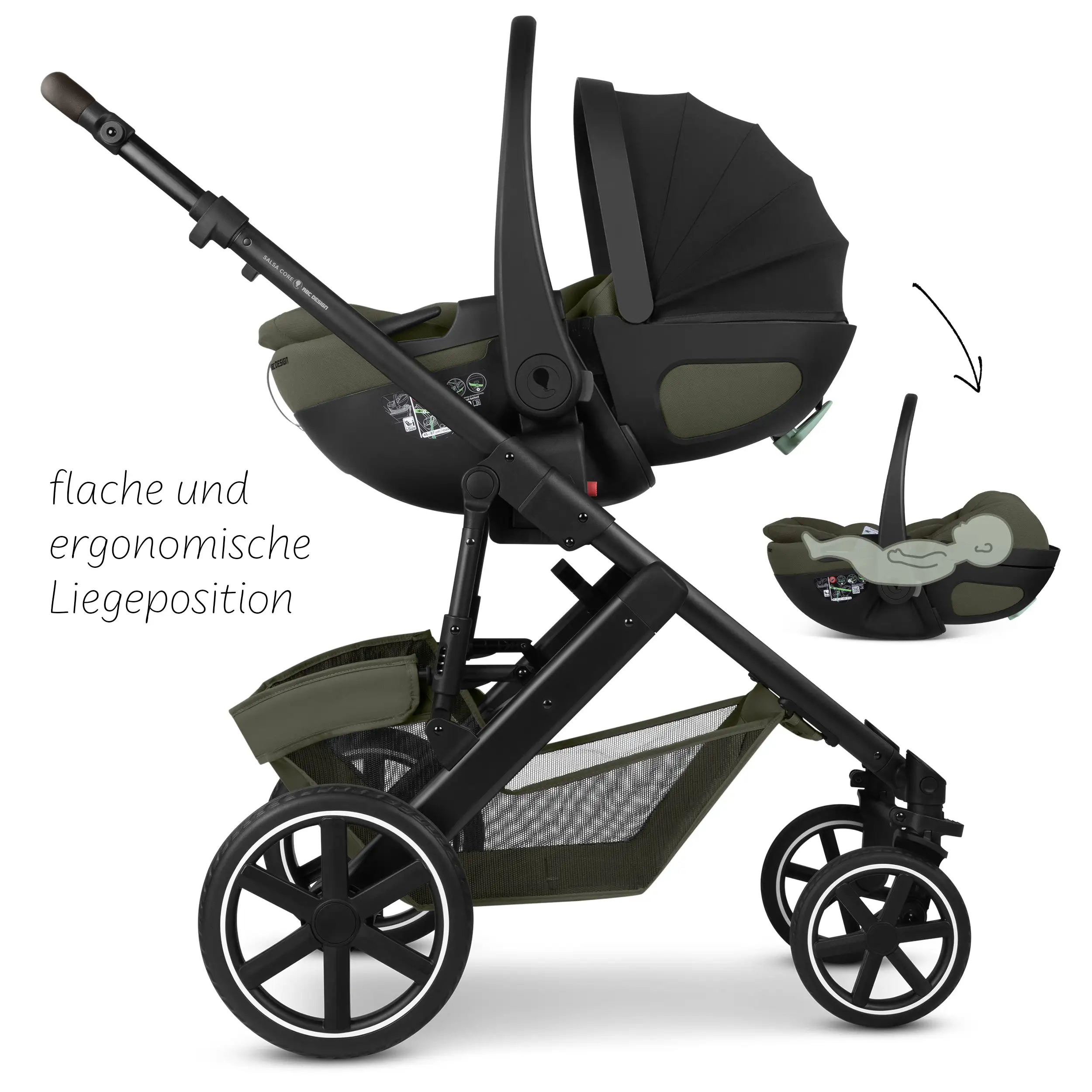 Ensemble poussette 4en1 Salsa Core avec coque auto inclinable Calla et base ISOFIX Root - Olive