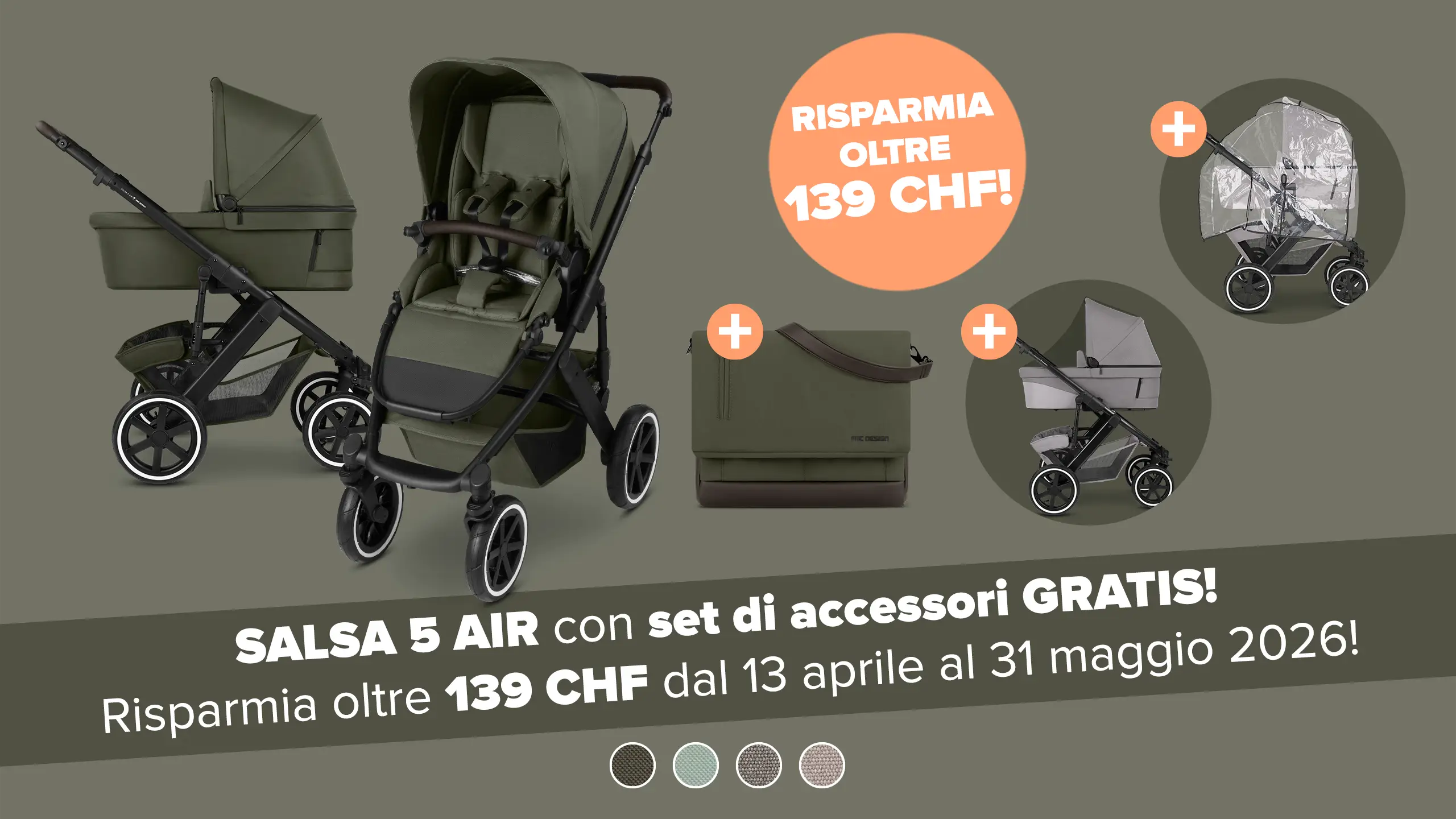Passeggino Salsa 5 Air con borsa fasciatoio Urban, Zanzariera e parapioggia inclusi - Avocado