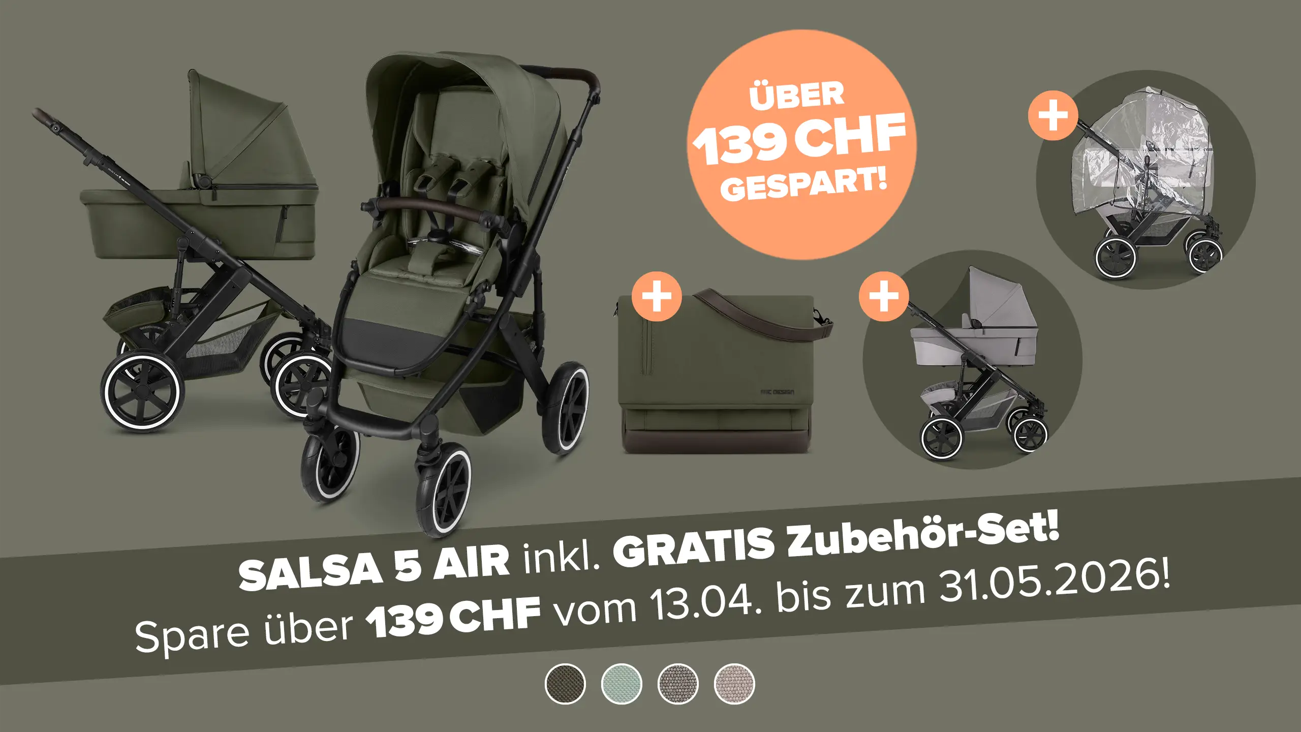 Kombi-Kinderwagen Salsa 5 Air  inkl. Wickeltasche Urban, Moskitonetz, Regenschutz - Avocado