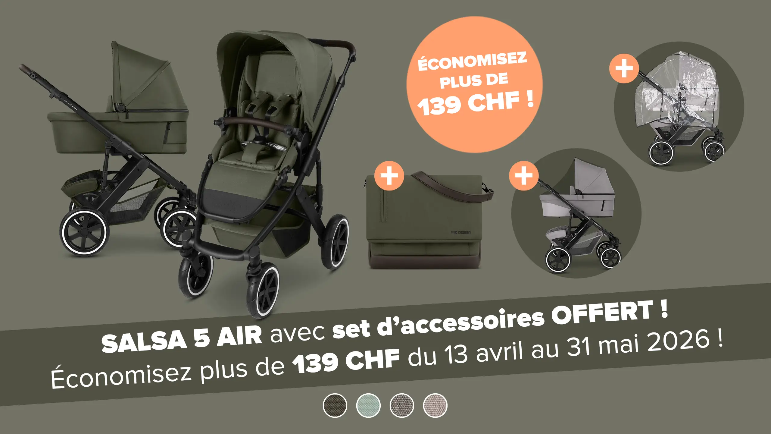 Poussette combinée Salsa 5 Air avec sac à langer Urban, moustiquaire et habillage pluie - Avocado