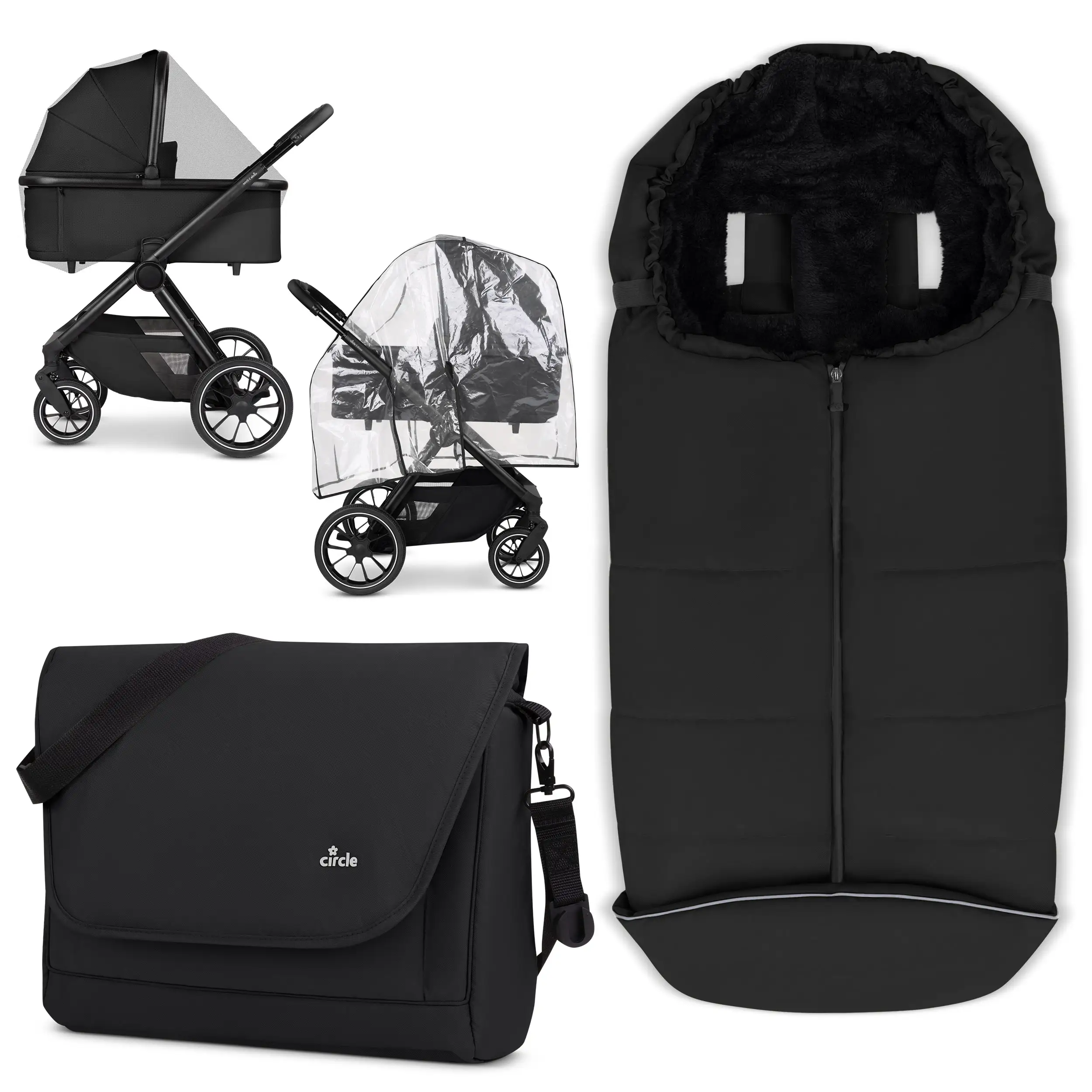 Zubehör Set Kinderwagen - Wickeltasche, Winterfußsack, Regenschutz & Moskitonetz - Black