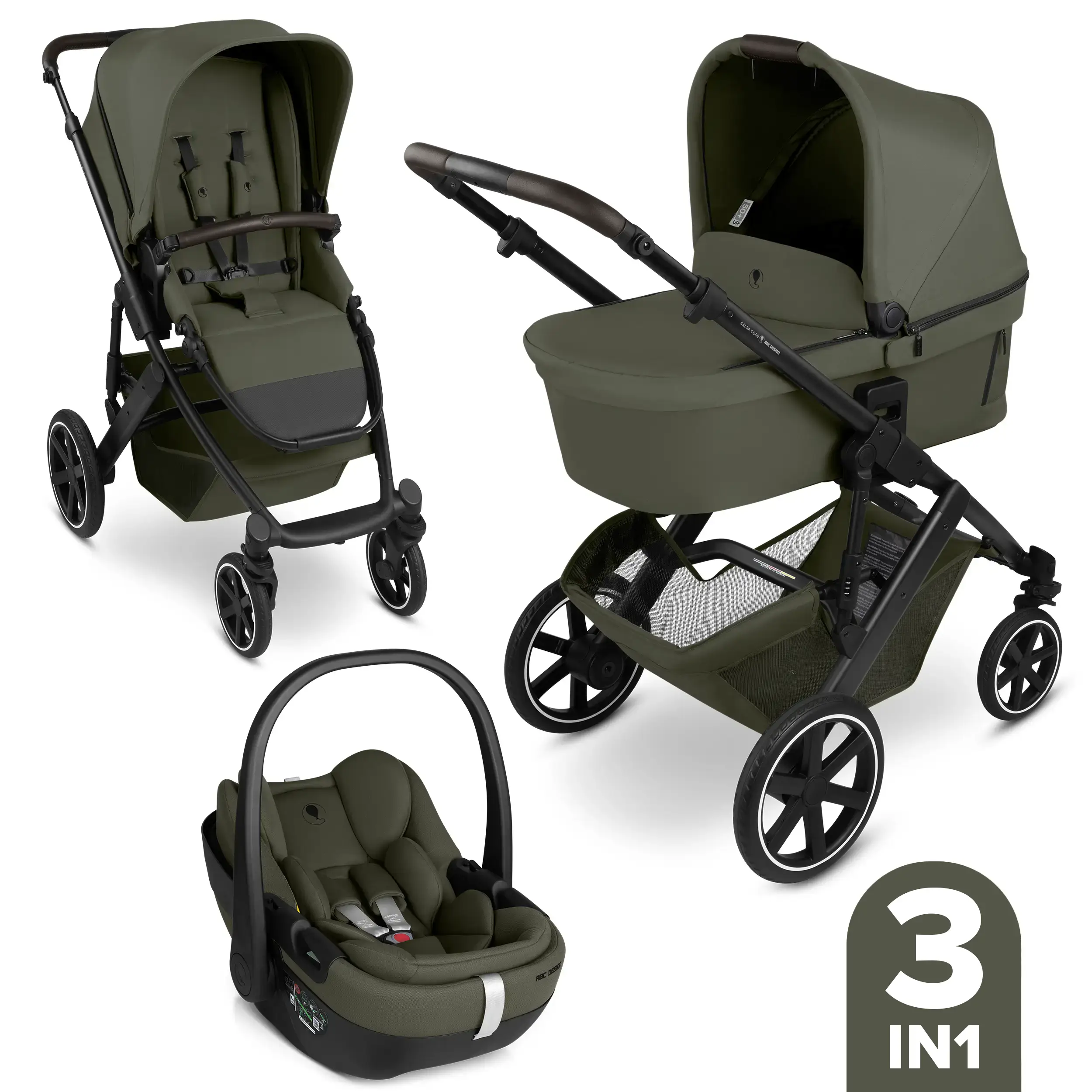 Ensemble poussette 3en1 Salsa Core avec siège auto pour bébé Calla à fonction allongée - Olive