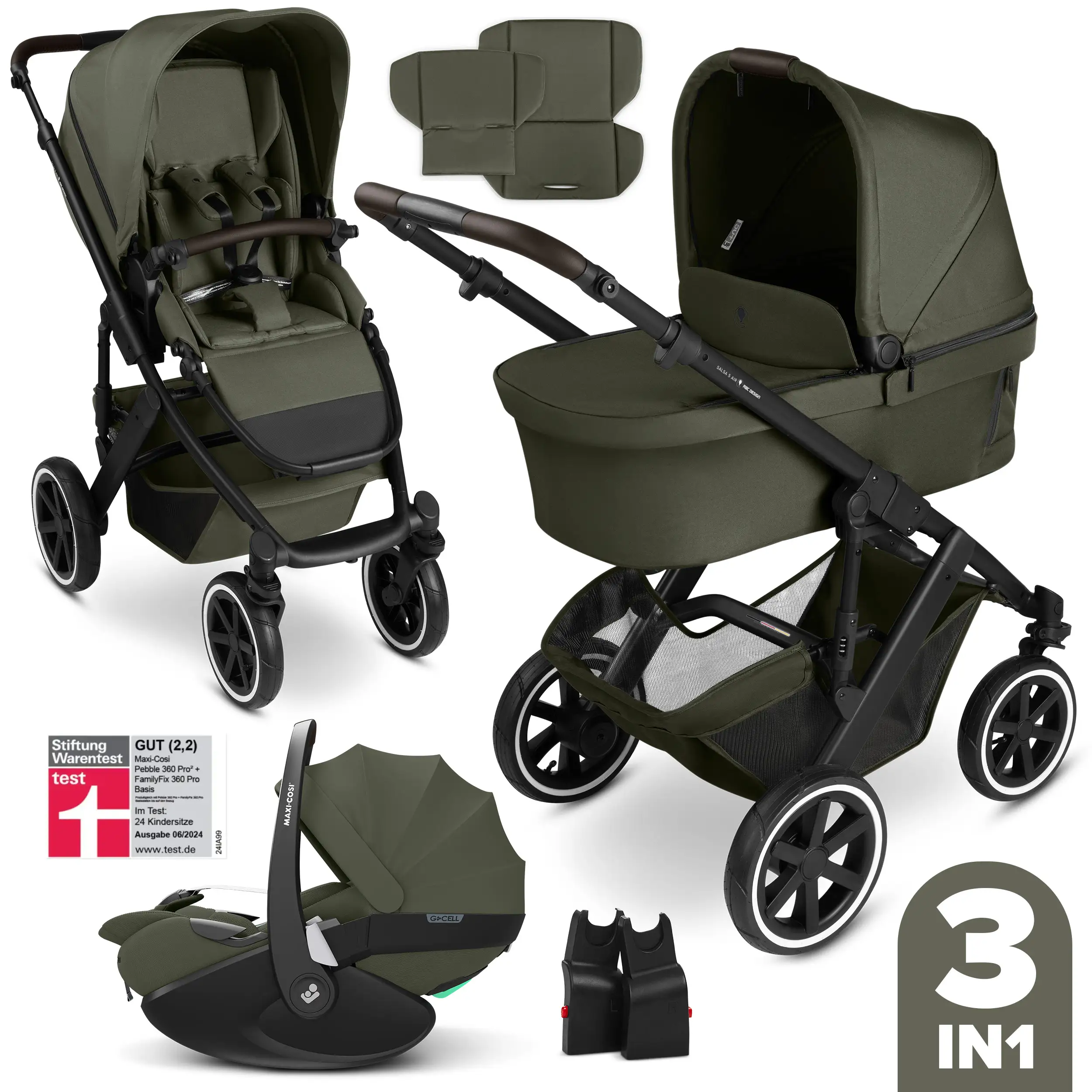 3in1 Kinderwagen-Set Salsa 5 Air inkl. Babyschale Maxi Cosi Pebble 360 Pro 2 - Avocado