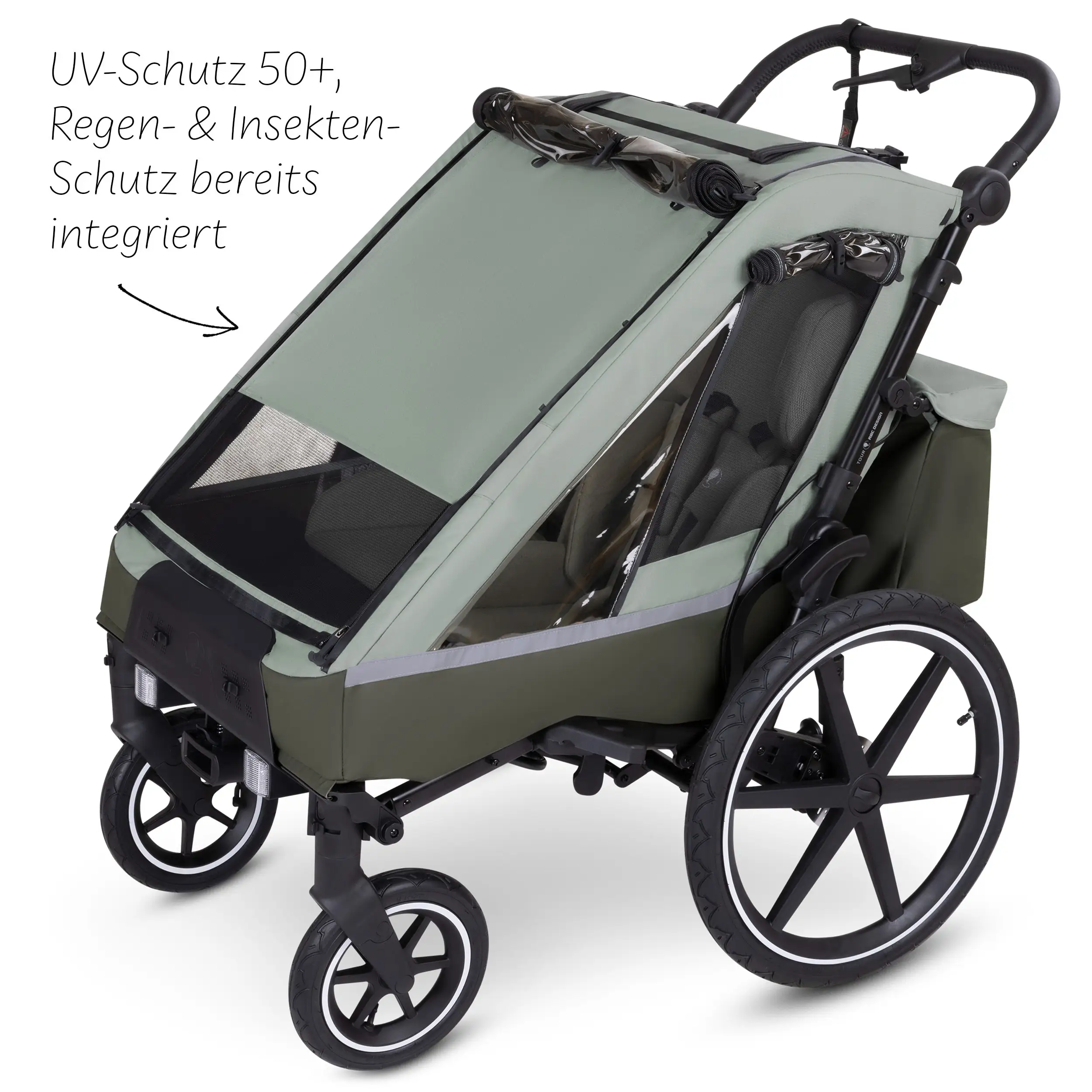 Fahrradanhänger Tour 2 mit 2 Komfortsitzen & Lufträdern - Olive